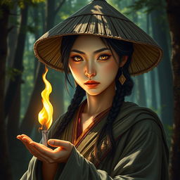 A realistic and captivating portrayal of a D&D character, an Asian human woman who expertly blends the mystical roles of a druid and dragon-fire adept