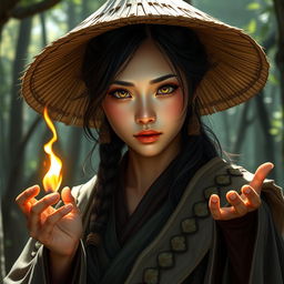 A realistic and captivating portrayal of a D&D character, an Asian human woman who expertly blends the mystical roles of a druid and dragon-fire adept