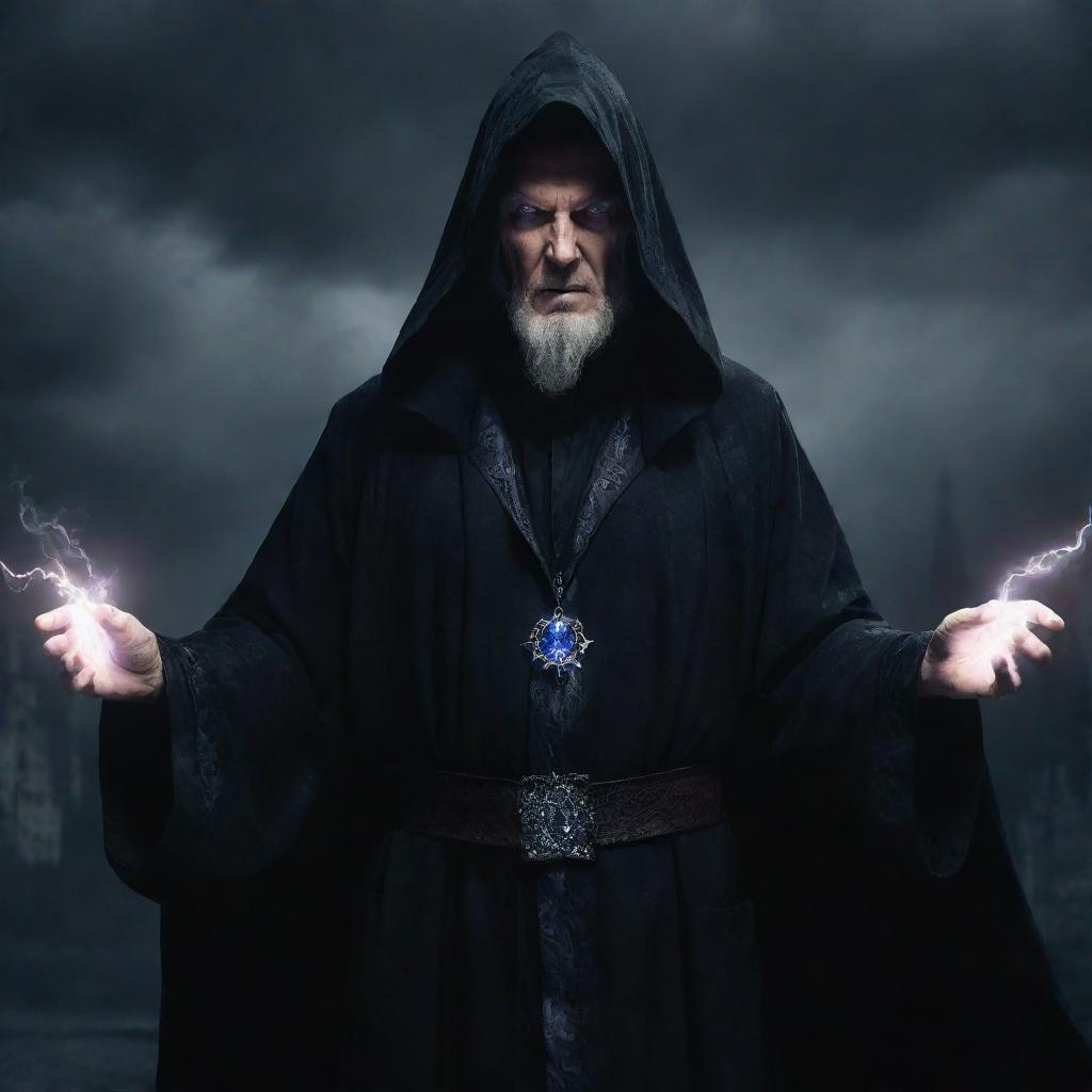 A formidable, evil wizard in a grand dark robe, radiating immense power, his fingers crackling with electric arcane magic, and his eyes glowing with malevolent intent, in a castle under stormy night sky