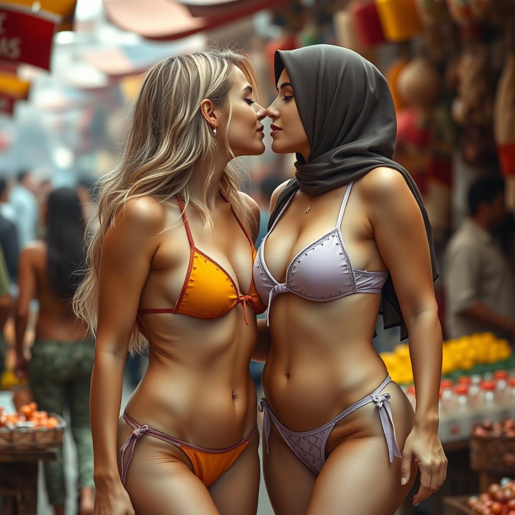 Two girlfriend women, one with fair-skinned European long hair and the other a busty, generously endowed Arab Muslim girl, both wearing bikini swimsuits