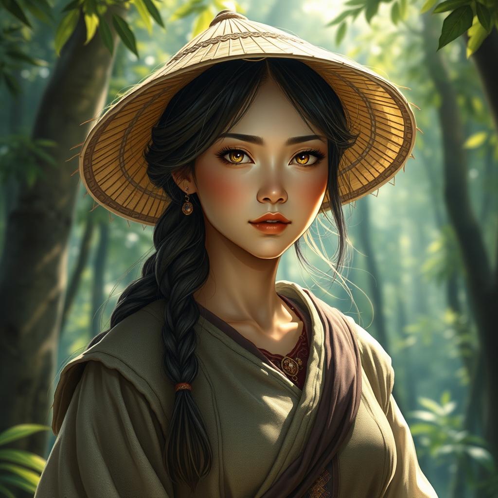 A realistic and enchanting D&D character depiction featuring a dragon-blooded Asian human woman who is a druid