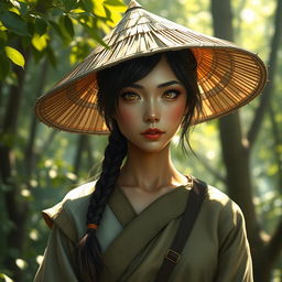 A realistic and enchanting D&D character depiction featuring a dragon-blooded Asian human woman who is a druid