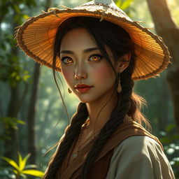 A realistic and enchanting D&D character depiction featuring a dragon-blooded Asian human woman who is a druid