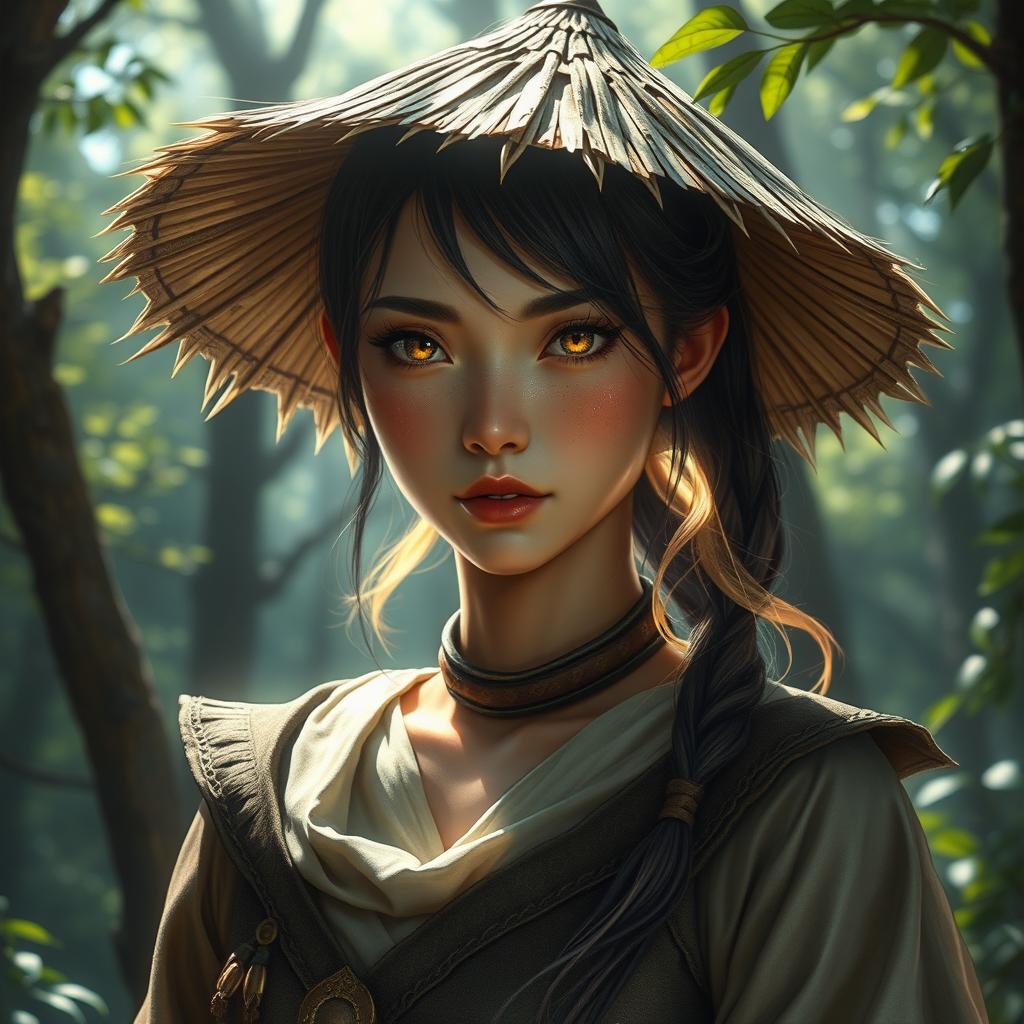 A realistic and enchanting D&D character depiction featuring a dragon-blooded Asian human woman who is a druid