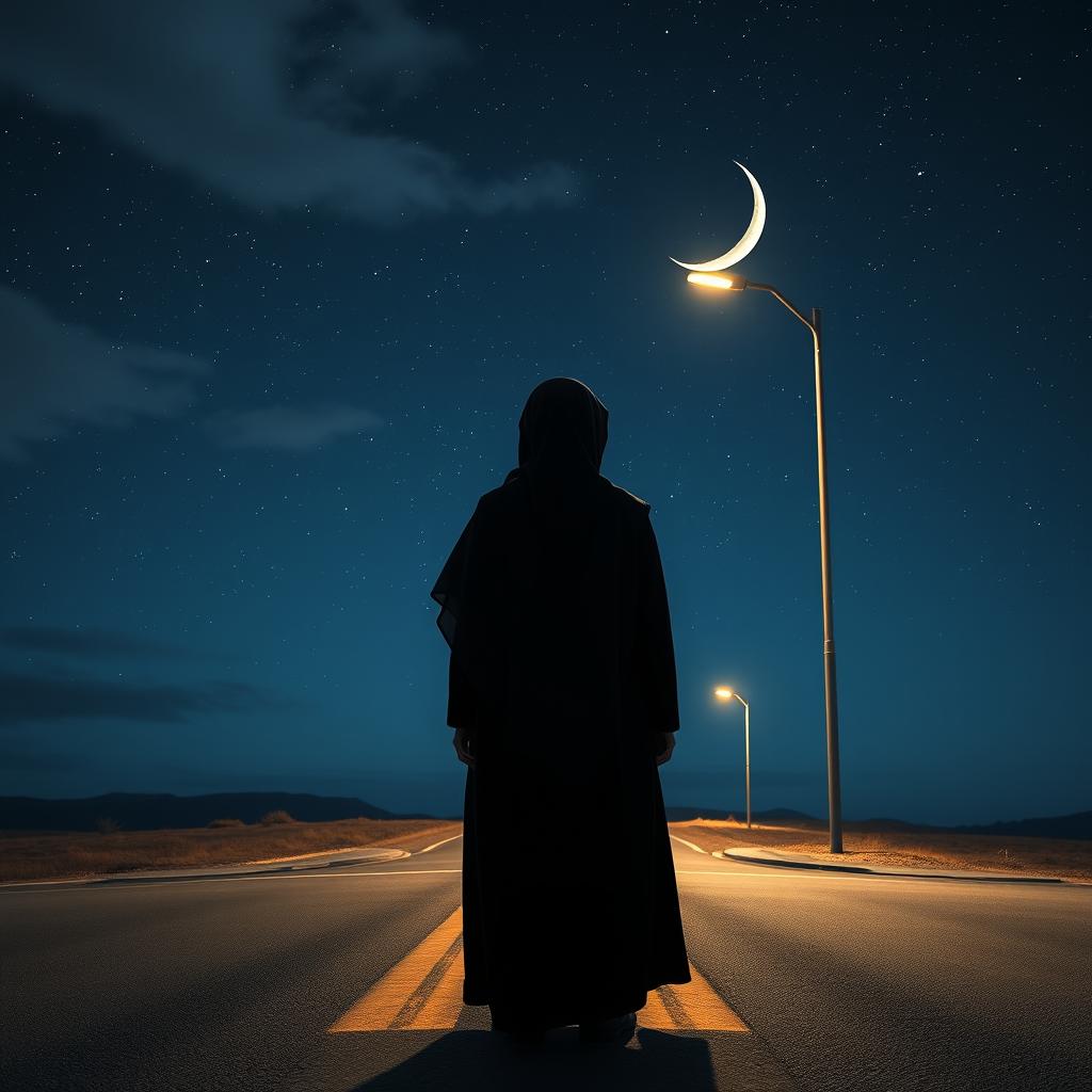 Back view of a Muslim woman standing at a deserted crossroads, looking down sadly