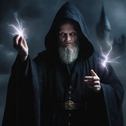 A formidable, evil wizard in a grand dark robe, radiating immense power, his fingers crackling with electric arcane magic, and his eyes glowing with malevolent intent, in a castle under stormy night sky