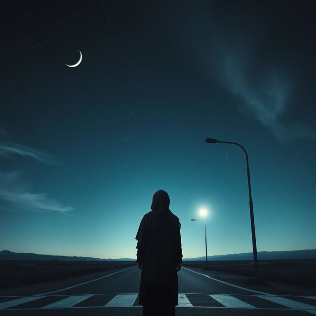 Back view of a Muslim woman standing at a deserted crossroads, looking down sadly