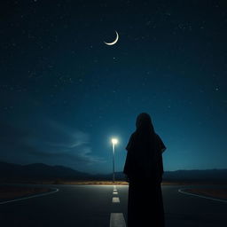 Back view of a Muslim woman standing at a deserted crossroads, looking down sadly