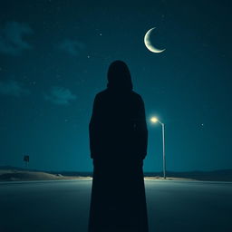 Back view of a Muslim woman standing at a deserted crossroads, looking down sadly