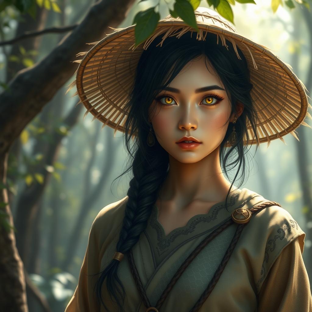 A realistic and enchanting D&D character depiction featuring a dragon-blooded Asian human woman who is a druid