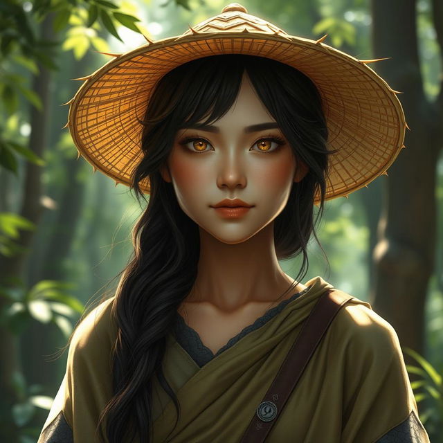 A realistic and enchanting D&D character depiction featuring a dragon-blooded Asian human woman who is a druid