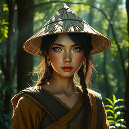 A realistic and enchanting D&D character depiction featuring a dragon-blooded Asian human woman who is a druid