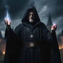 A formidable, evil wizard in a grand dark robe, radiating immense power, his fingers crackling with electric arcane magic, and his eyes glowing with malevolent intent, in a castle under stormy night sky