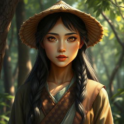 A realistic and enchanting D&D character depiction featuring a dragon-blooded Asian human woman who is a druid