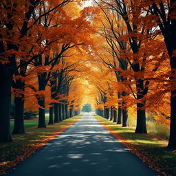 A picturesque path stretching into the distance, lined with tall, majestic trees adorned with vibrant orange autumn leaves