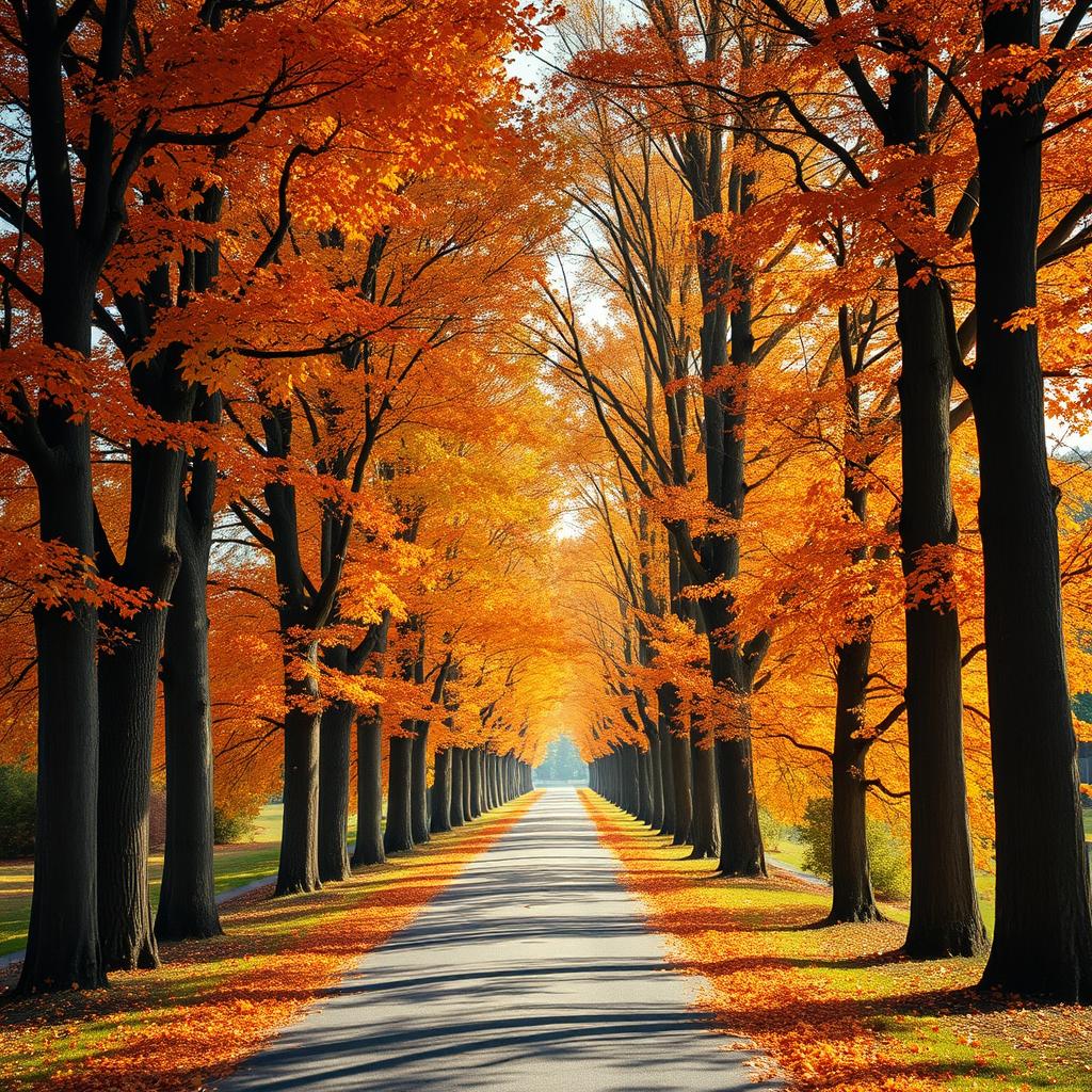 A picturesque path stretching into the distance, lined with tall, majestic trees adorned with vibrant orange autumn leaves