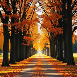 A picturesque path stretching into the distance, lined with tall, majestic trees adorned with vibrant orange autumn leaves