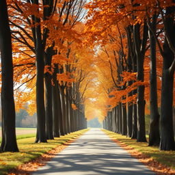 A picturesque path stretching into the distance, lined with tall, majestic trees adorned with vibrant orange autumn leaves