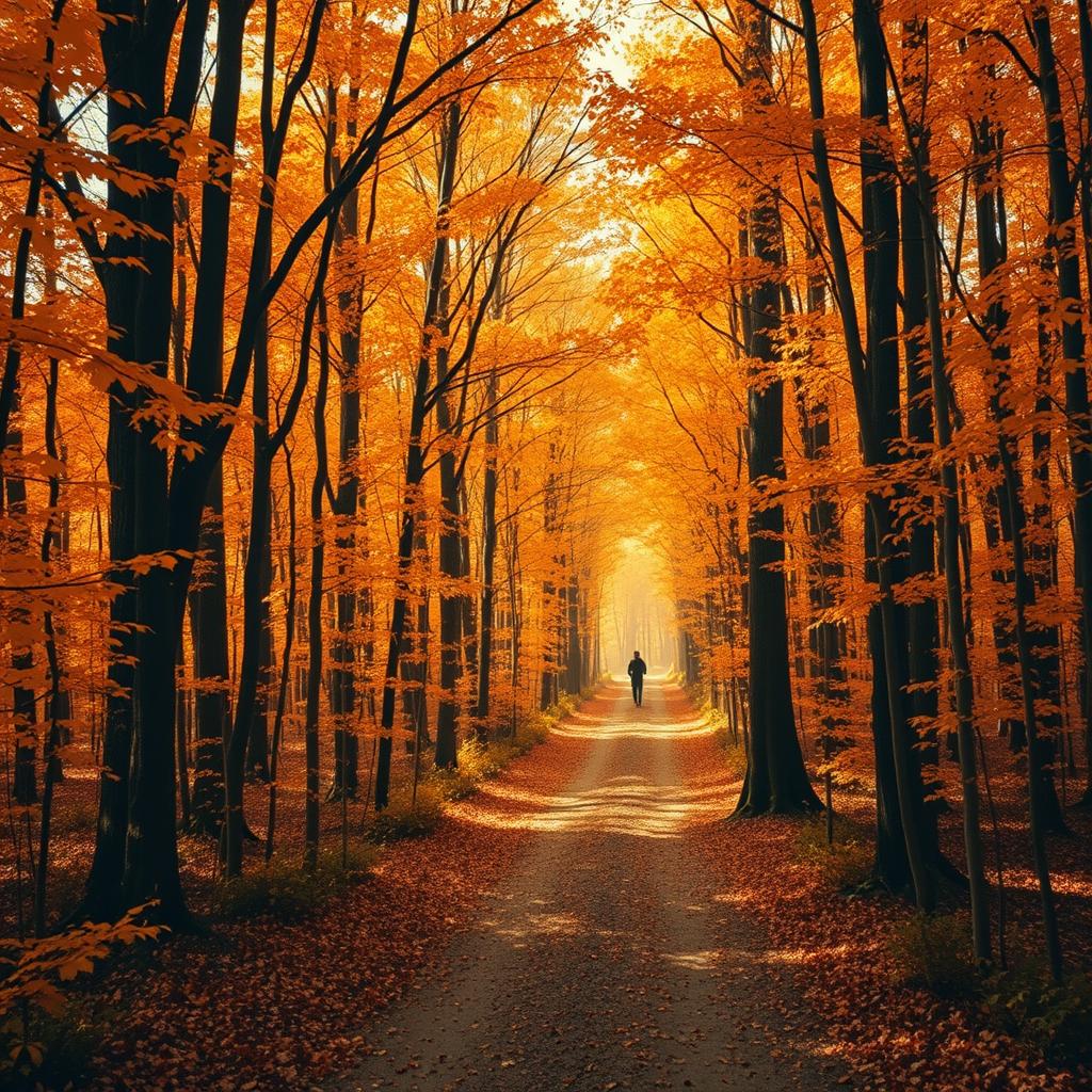 A dense, enchanting forest with a dirt path stretching into the distance, flanked by an abundance of tall trees covered in vibrant orange autumn leaves