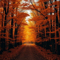 A dense, enchanting forest with a dirt path stretching into the distance, flanked by an abundance of tall trees covered in vibrant orange autumn leaves