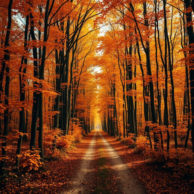 A dense, enchanting forest with a dirt path stretching into the distance, flanked by an abundance of tall trees covered in vibrant orange autumn leaves