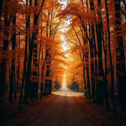 A dense, enchanting forest with a dirt path stretching into the distance, flanked by an abundance of tall trees covered in vibrant orange autumn leaves