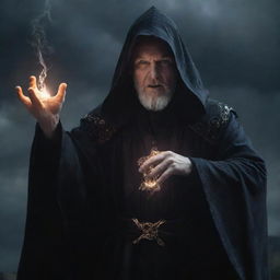 A formidable, evil wizard in a grand dark robe, radiating immense power, his fingers crackling with electric arcane magic, and his eyes glowing with malevolent intent, in a castle under stormy night sky