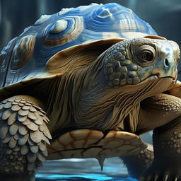 Generate a detailed, realistic portrait of a towering, dark blue tortoise-like creature. It has large, resolute eyes and two powerful water cannons protruding from its thick shell.