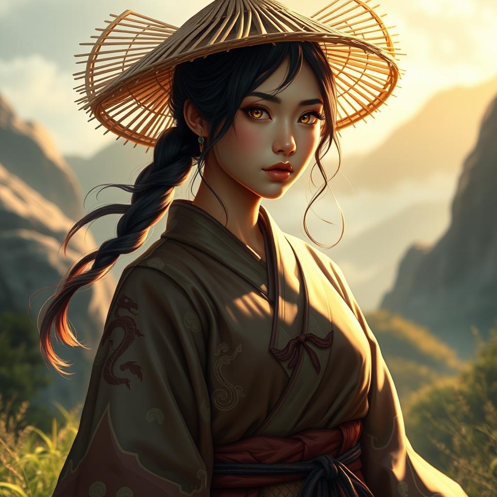 A stunning and realistic depiction of a D&D character, featuring a dragon-blooded Asian human woman who is a druid