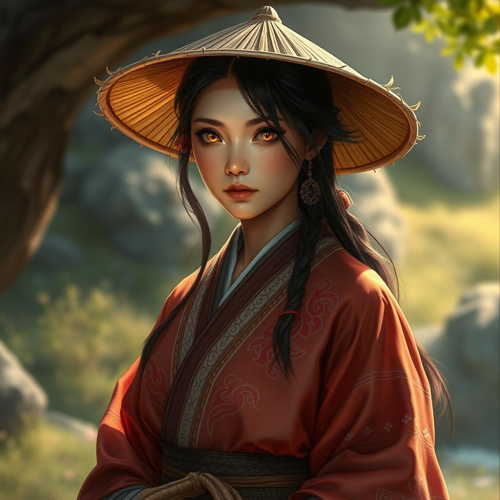 A stunning and realistic depiction of a D&D character, featuring a dragon-blooded Asian human woman who is a druid