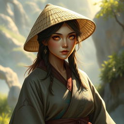 A stunning and realistic depiction of a D&D character, featuring a dragon-blooded Asian human woman who is a druid