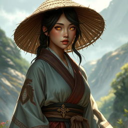 A stunning and realistic depiction of a D&D character, featuring a dragon-blooded Asian human woman who is a druid