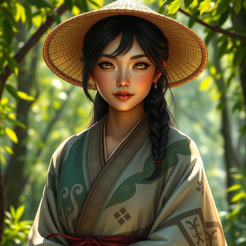 A realistic and enchanting D&D character depiction featuring a dragon-blooded Asian human woman who is a druid