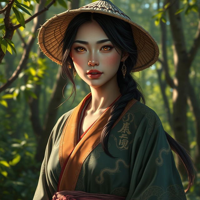 A realistic and enchanting D&D character depiction featuring a dragon-blooded Asian human woman who is a druid