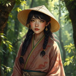 A realistic and enchanting D&D character depiction featuring a dragon-blooded Asian human woman who is a druid