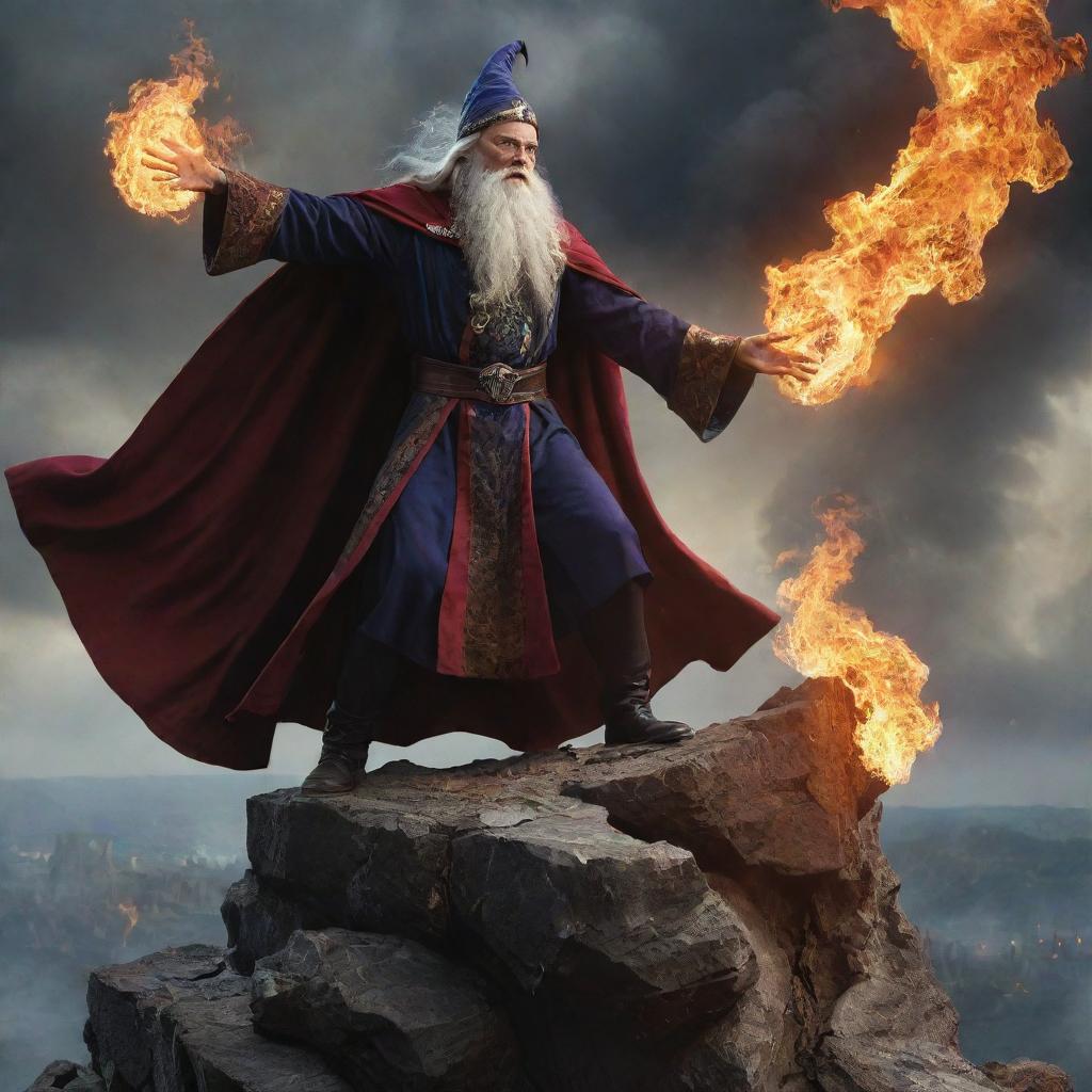 A formidable, evil wizard, unleashing a whirlwind of destructive arcane magic from atop a cliff, ravaging an entire kingdom below — buildings crumble, fire spreads, and the sky darkens in this display of his overwhelming power