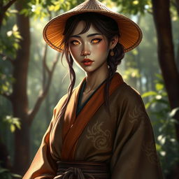 A realistic and enchanting D&D character depiction featuring a dragon-blooded Asian human woman who is a druid