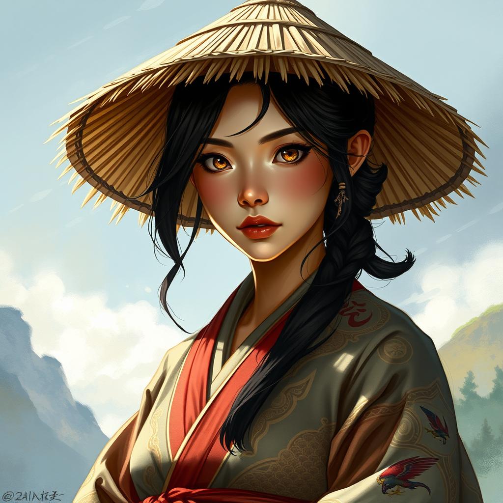 A realistic and captivating illustration of a D&D character, portraying a dragon-blooded Asian human woman who is a druid