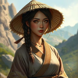 A realistic and captivating illustration of a D&D character, portraying a dragon-blooded Asian human woman who is a druid