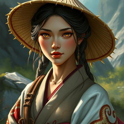 A realistic and captivating illustration of a D&D character, portraying a dragon-blooded Asian human woman who is a druid