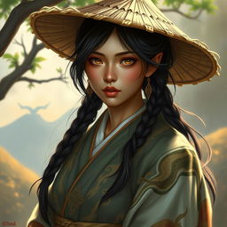 A realistic and captivating illustration of a D&D character, portraying a dragon-blooded Asian human woman who is a druid