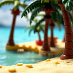 Close-up of a tropical LEGO island, showing the sandy shore and vibrant background with palm trees and azure waters