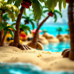 Close-up of a tropical LEGO island, showing the sandy shore and vibrant background with palm trees and azure waters