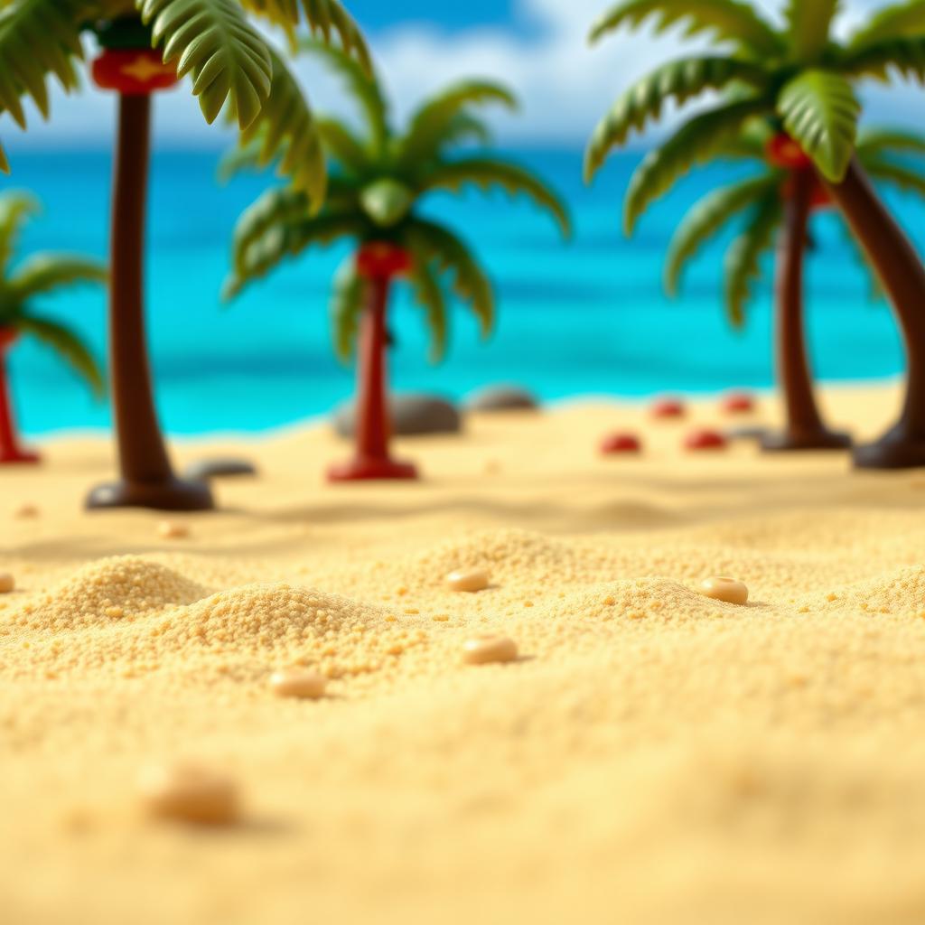 Close-up of a tropical LEGO island, showing the sandy shore and vibrant background with palm trees and azure waters