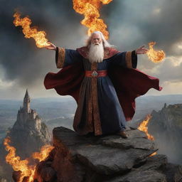 A formidable, evil wizard, unleashing a whirlwind of destructive arcane magic from atop a cliff, ravaging an entire kingdom below — buildings crumble, fire spreads, and the sky darkens in this display of his overwhelming power