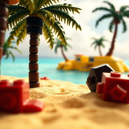 Close-up of a tropical LEGO island, showing the sandy shore and vibrant background with palm trees and azure waters