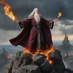 A formidable, evil wizard, unleashing a whirlwind of destructive arcane magic from atop a cliff, ravaging an entire kingdom below — buildings crumble, fire spreads, and the sky darkens in this display of his overwhelming power