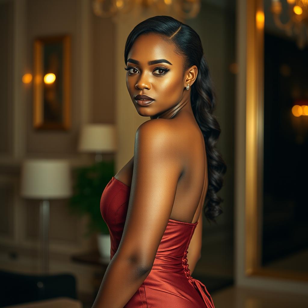 A stunning Nigerian seductress, standing with an alluring pose