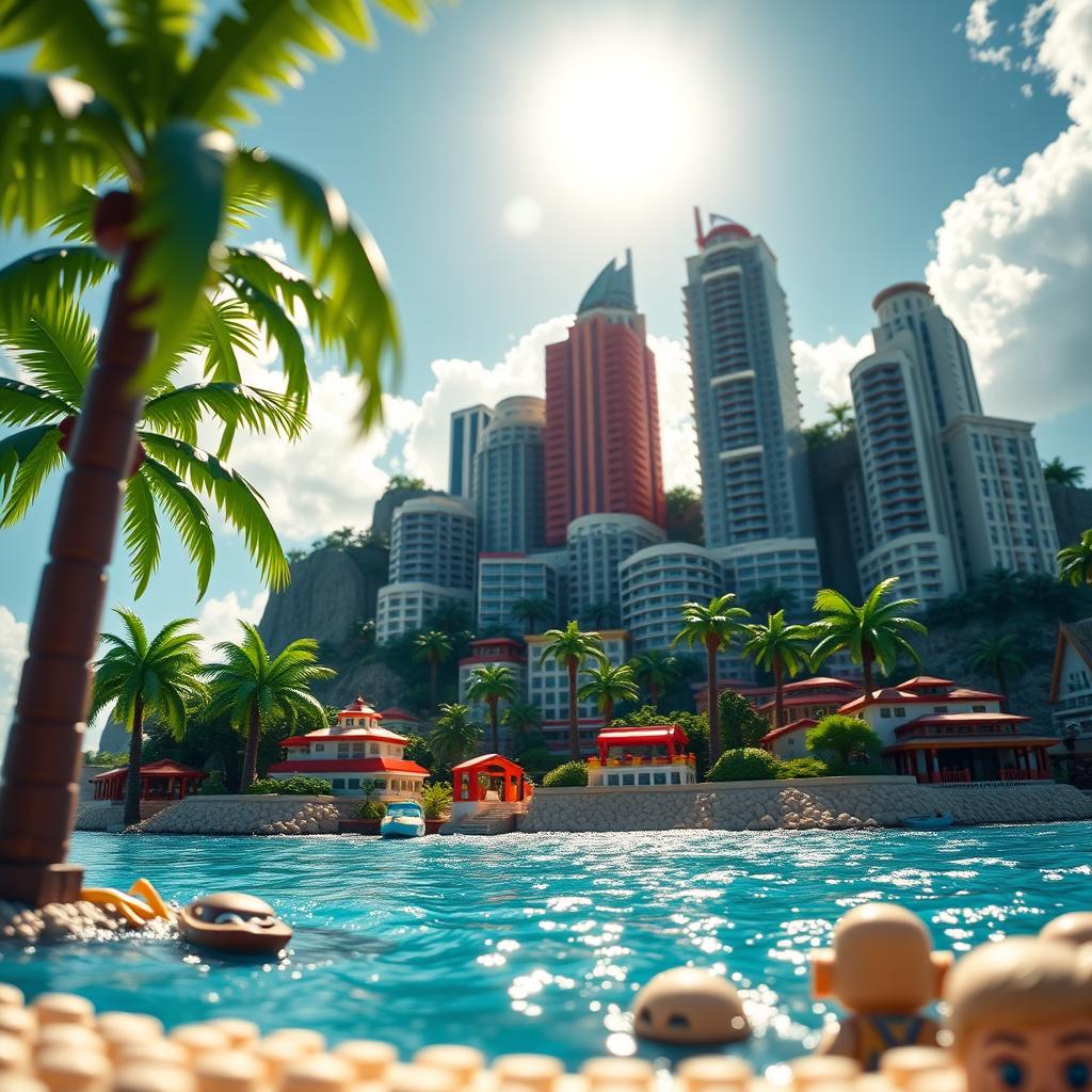 Close-up of a tropical LEGO island with towering buildings, capturing the entire island under a bright sunny day