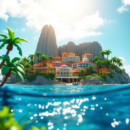 Close-up of a tropical LEGO island with towering buildings, capturing the entire island under a bright sunny day